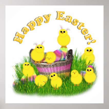 Chicks 'n a Easter Basket (Yellow Text) Poster