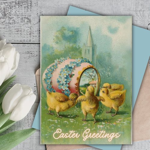 Chicks With Easter Egg Vintage Christian Custom Holiday Card