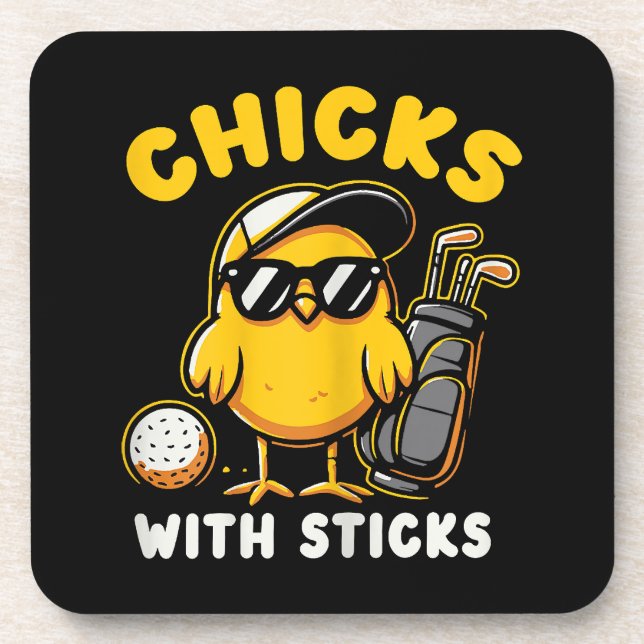 Chicks With Sticks Golfer Girl Woman Golf Club Gol Beverage Coaster (Front)