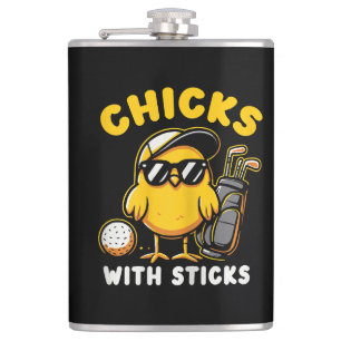 Chicks With Sticks Golfer Girl Woman Golf Club Gol Flask