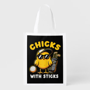 Chicks With Sticks Golfer Girl Woman Golf Club Gol Grocery Bag