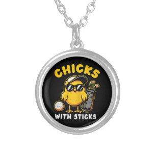 Chicks With Sticks Golfer Girl Woman Golf Club Gol Silver Plated Necklace