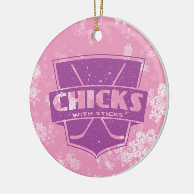 Chicks With Sticks Hockey Christmas Ornament (Left)