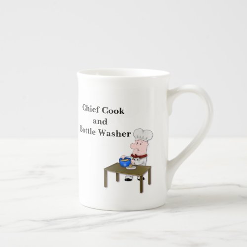 Chief Cook and Bottle Washer with Cartoon Chef Bone China Mug