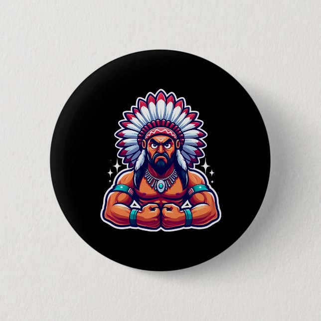 Chief Indian Flexing Muscles Fan Lover Bodybuildin Button (Front)