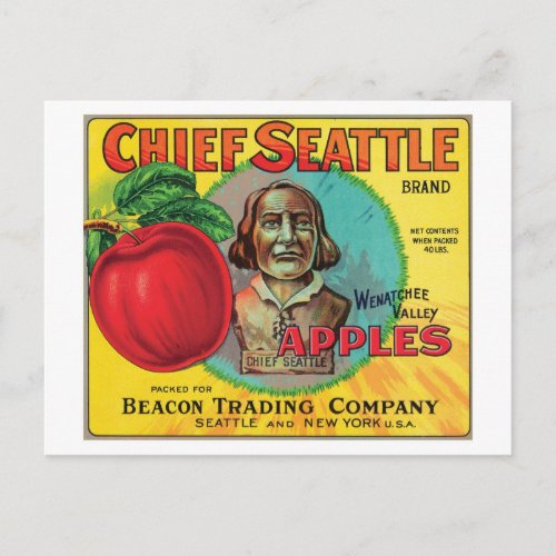 Chief Seattle Vintage Apples Label Postcard