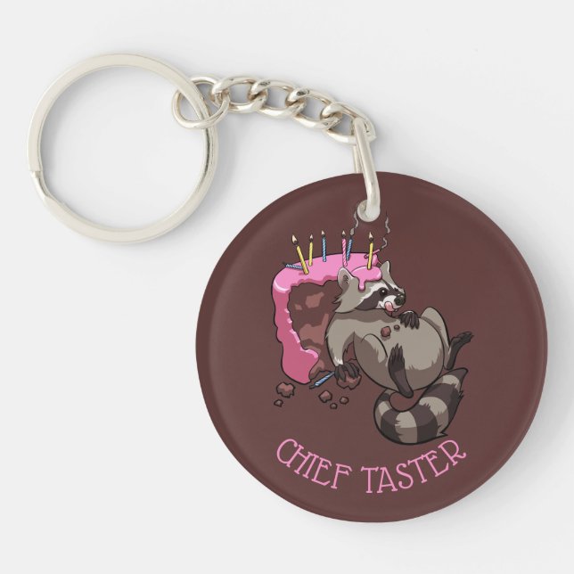 Chief Taster Birthday Cake Eating Raccoon Cartoon Keychain (Front)