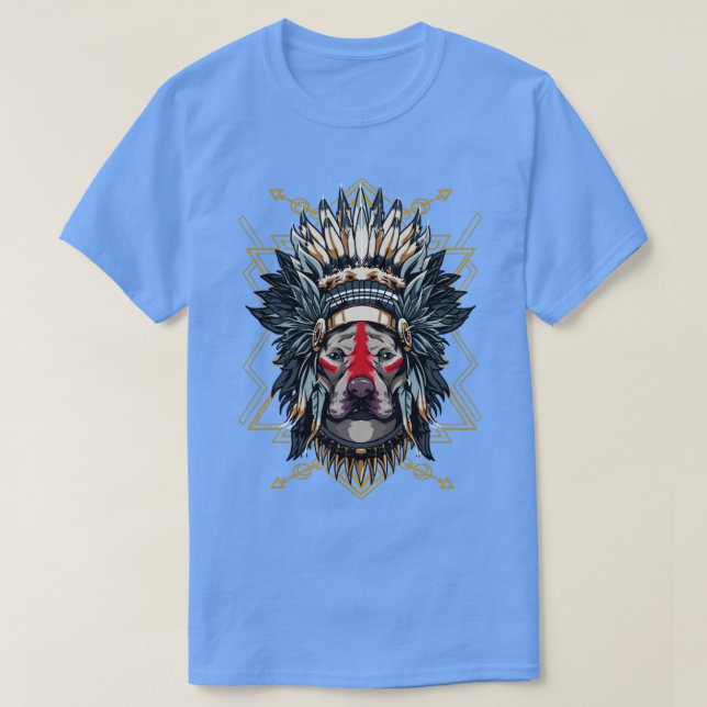 Chieftain Pitbull Dog Indian Headdress Warrior T-Shirt (Design Front)