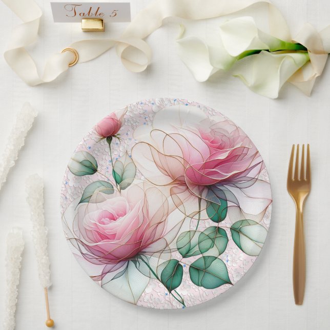 Chiffon Pink Rose Paper Plates (Wedding)