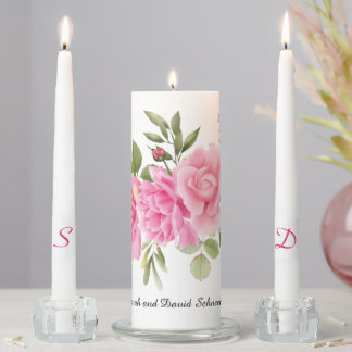 Chiffon Pink Roses Floral Botanical Wedding Unity Candle Set