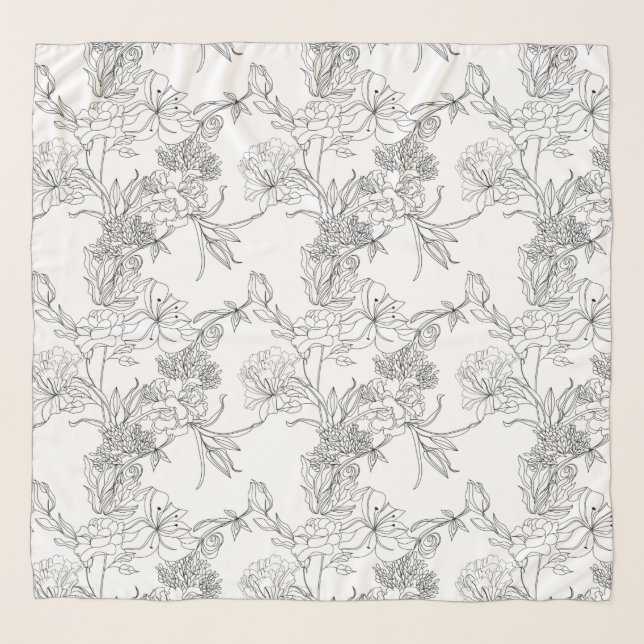 Chiffon Scarf - Black and White Floral Pattern (Front)
