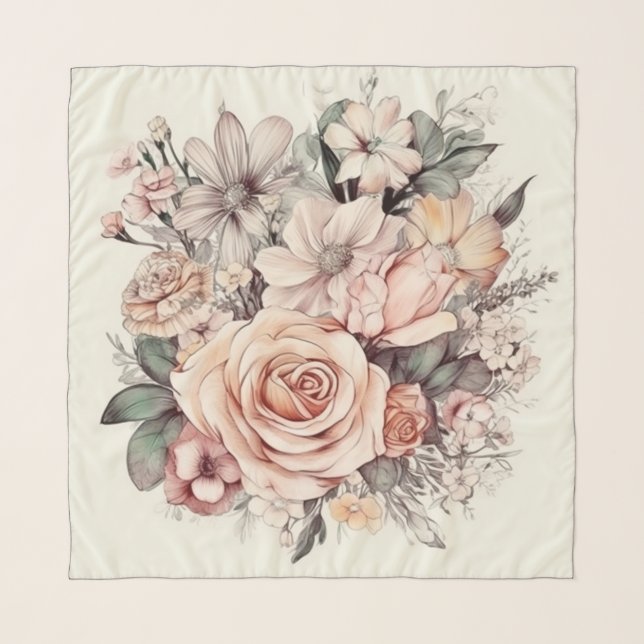 Chiffon scarf with watercolor flower design (Front)