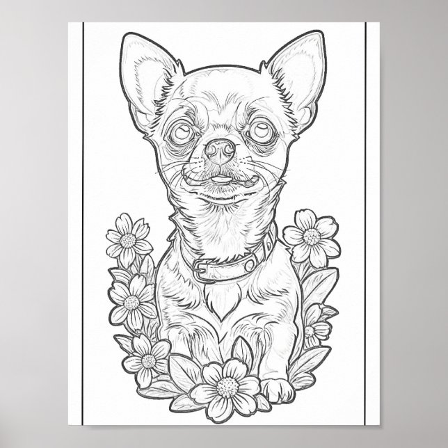Chihuahua and Daisies Coloring Page Poster (Front)