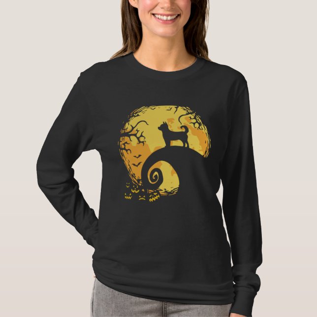 Chihuahua and Moon Silhouette Dog  Halloween T-Shirt (Front)