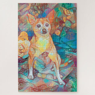 Chihuahua Art Colorful Blue Brown Dog Portrait Fun Jigsaw Puzzle