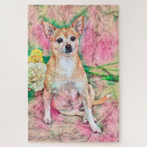 Chihuahua Art Pink Green Dog Portrait Jigsaw Puzzle
