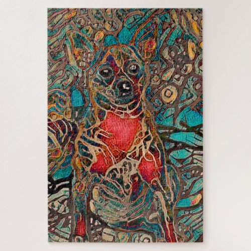 Chihuahua Art Teal Brown Dog Portrait Jigsaw Puzzle
