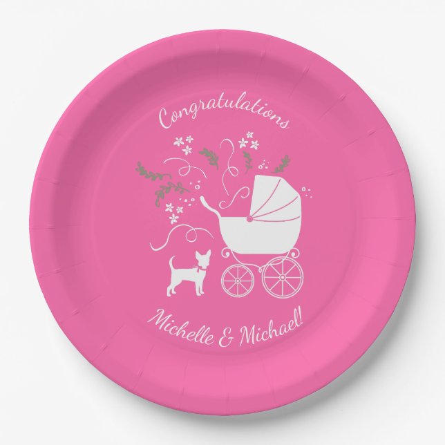 Chihuahua Baby Shower Puppy Dog Pink Girl Paper Plates (Front)