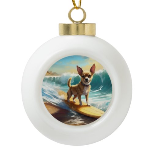 Chihuahua Beach Surfing Painting  Ceramic Ball Christmas Ornament