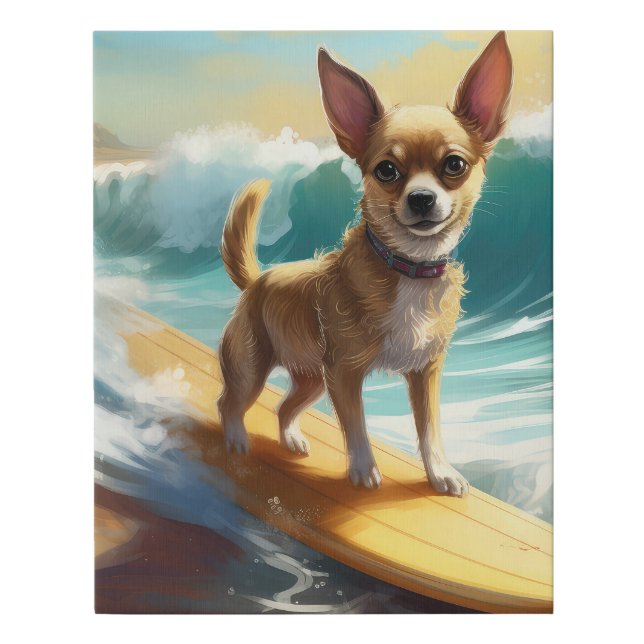 Chihuahua Beach Surfing Painting  Faux Canvas Print (Front)