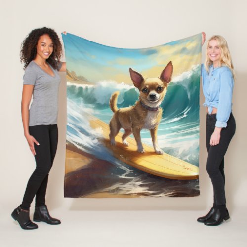 Chihuahua Beach Surfing Painting  Fleece Blanket