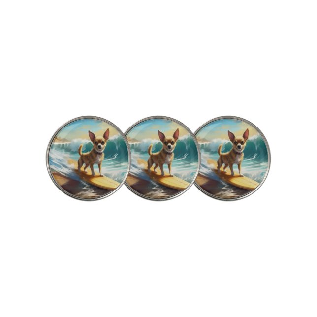 Chihuahua Beach Surfing Painting  Golf Ball Marker (3 Up)