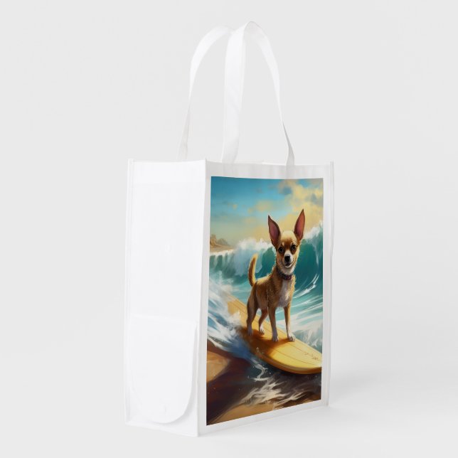 Chihuahua Beach Surfing Painting  Grocery Bag (Front Side)
