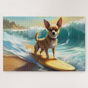 Chihuahua Beach Surfing Painting Jigsaw Puzzle
