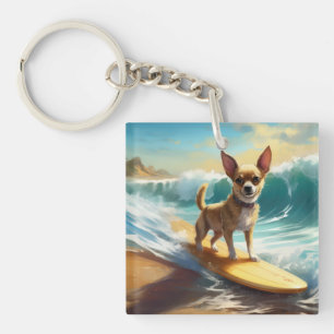 Chihuahua Beach Surfing Painting Keychain