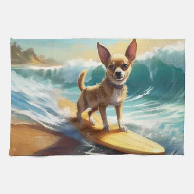 Chihuahua Beach Surfing Painting  Kitchen Towel (Horizontal)