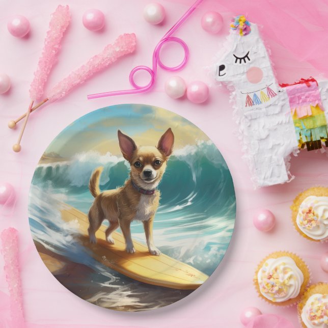 Chihuahua Beach Surfing Painting  Paper Plates (Party)