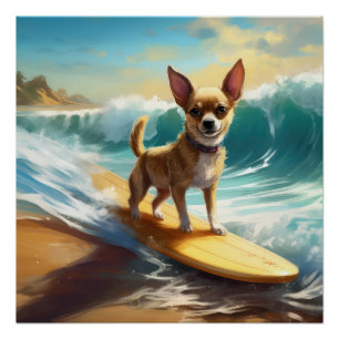 Chihuahua Beach Surfing Painting Poster