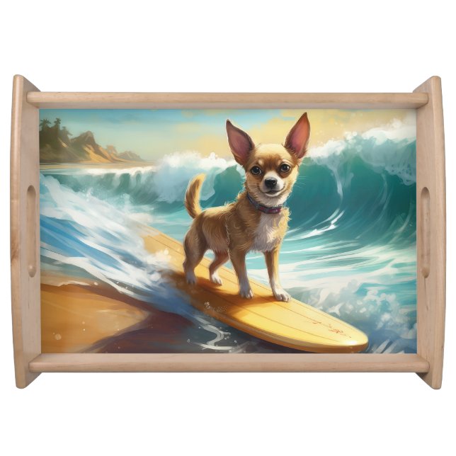 Chihuahua Beach Surfing Painting  Serving Tray (Front)