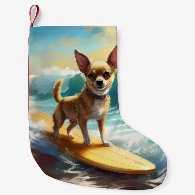 Chihuahua Beach Surfing Painting  Small Christmas Stocking (Front)