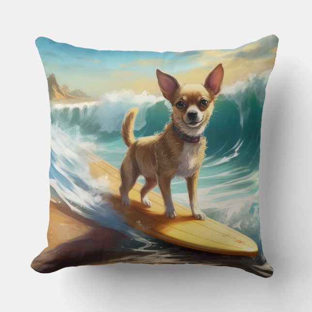 Chihuahua Beach Surfing Painting  Throw Pillow (Front)