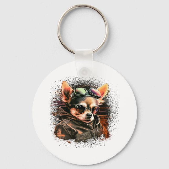 Chihuahua  Biker  Motorcyle  Riding  Dog  Dad Keychain (Front)