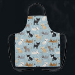 Chihuahua Bones and Paws Blue Apron<br><div class="desc">Cute chihuahua dogs in black,  brown,  tan,  cream,  gray and blue coats sit and stand scattered dog bones and paw prints on a light blue background.</div>