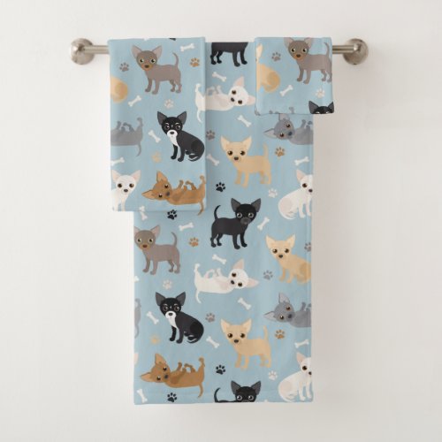 Chihuahua Bones and Paws Blue Bath Towel Set