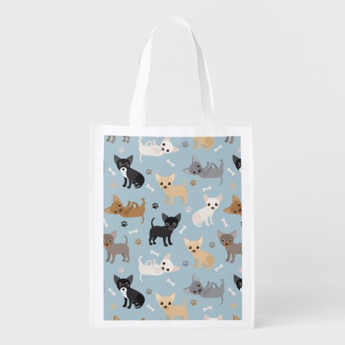 Chihuahua Bones and Paws Blue Grocery Bag