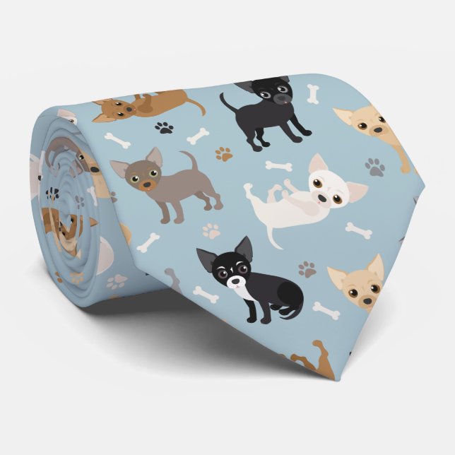 Chihuahua Bones and Paws Blue Neck Tie (Rolled)