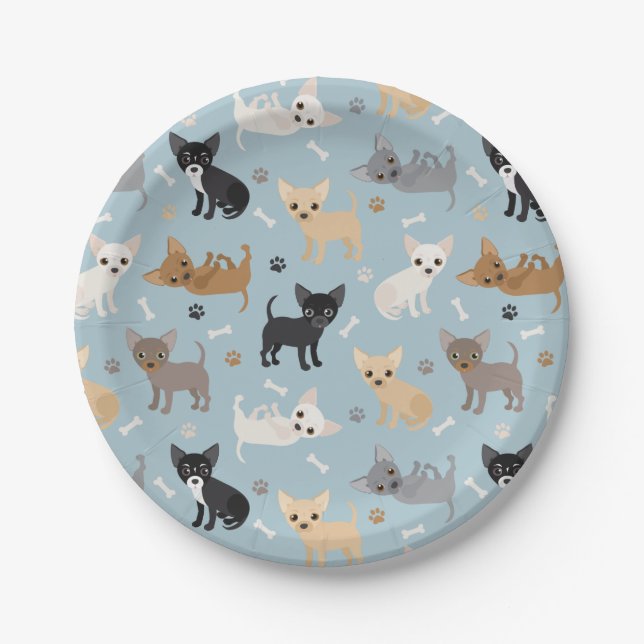 Chihuahua Bones and Paws Blue Paper Plate (Front)