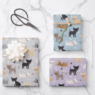 Chihuahua Bones and Paws Gray Blue Purple Wrapping Paper Sheets