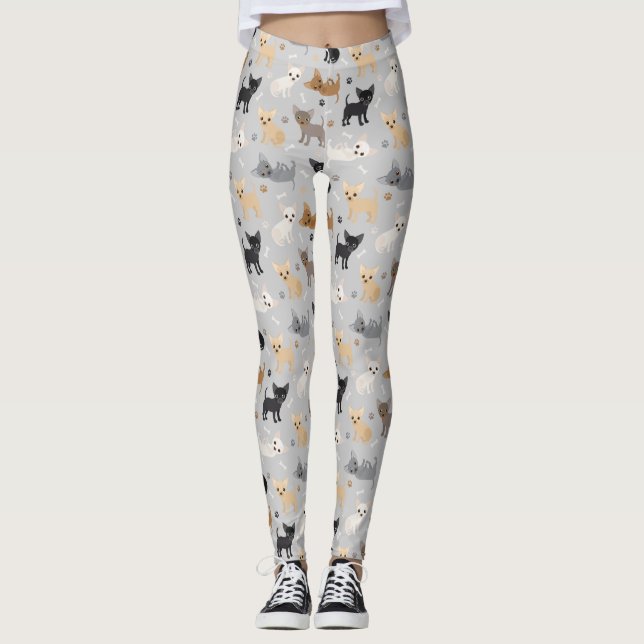 Chihuahua Bones and Paws Gray Leggings (Front)