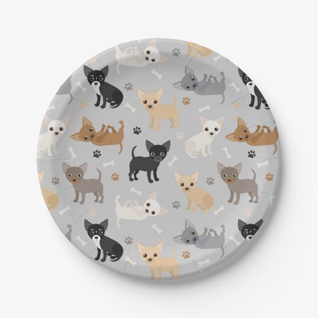 Chihuahua Bones and Paws Gray Paper Plate (Front)