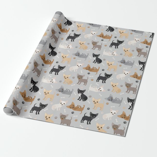 Chihuahua Bones and Paws Gray Wrapping Paper (Unrolled)