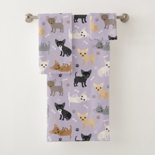 Chihuahua Bones and Paws Purple Bath Towel Set