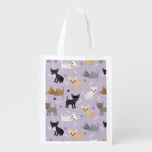Chihuahua Bones and Paws Purple Grocery Bag