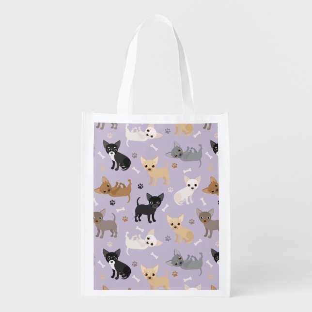 Chihuahua Bones and Paws Purple Grocery Bag (Front)
