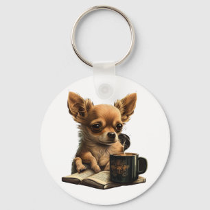 Chihuahua Book Coffee Tea Reading Keychain