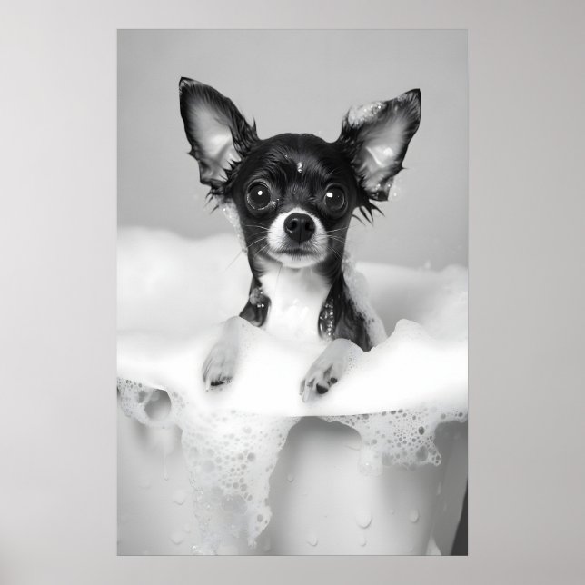 Chihuahua Bubble Bath Art Print, Funny Dog Poster (Front)